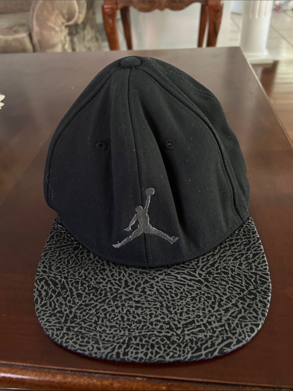 Jordan Black Snapback with Gray Elephant-Print Brim